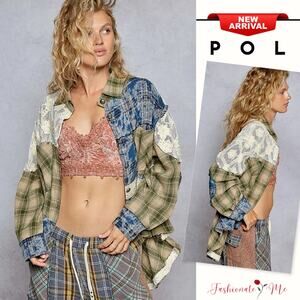 POL Vintage Inspired Lace Patchwork Plaid Long Sleeves Oversized Shirt | Sage